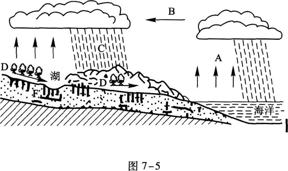 43.读图7—5"自然界水循环过程示意图",分析回答:(10分)