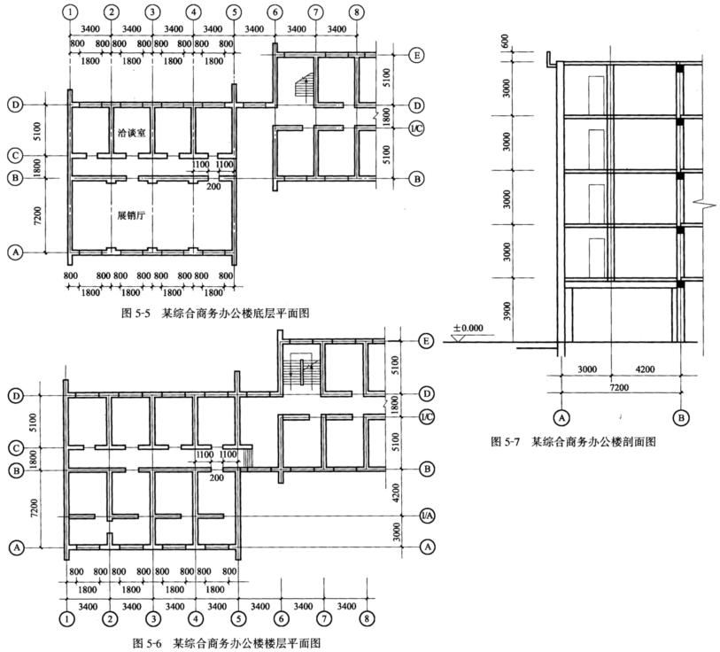 某五层综合商务办公楼,底层为展销大厅和商业用房,上面各层为办公用房,楼、屋面板采用预应力空心板,屋面采用40mm厚配筋细石混凝土面层、20mm厚石灰砂浆隔离层、煤渣混凝土垫层找坡(2%)。由于展销大厅需设计为大统间,上部部分横墙不能落地,故这部分横墙采用墙梁结构。房屋底层和楼层平面见图5-5、图5-6,剖面图见图5-7,且属刚性方案建筑。试设计该墙梁。