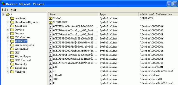 二、对象管理与命名空间(Namespace) 内核空间中不同类型的对象都通过对象管理器统一管理,并通过命名空间这一逻辑上的概念来组织各个对象,类似于资源管理器。Device目录存放着通过IoCreateDevice创建的各种设备对象,包括文件系统驱动下创建的卷对象。FileSystem目